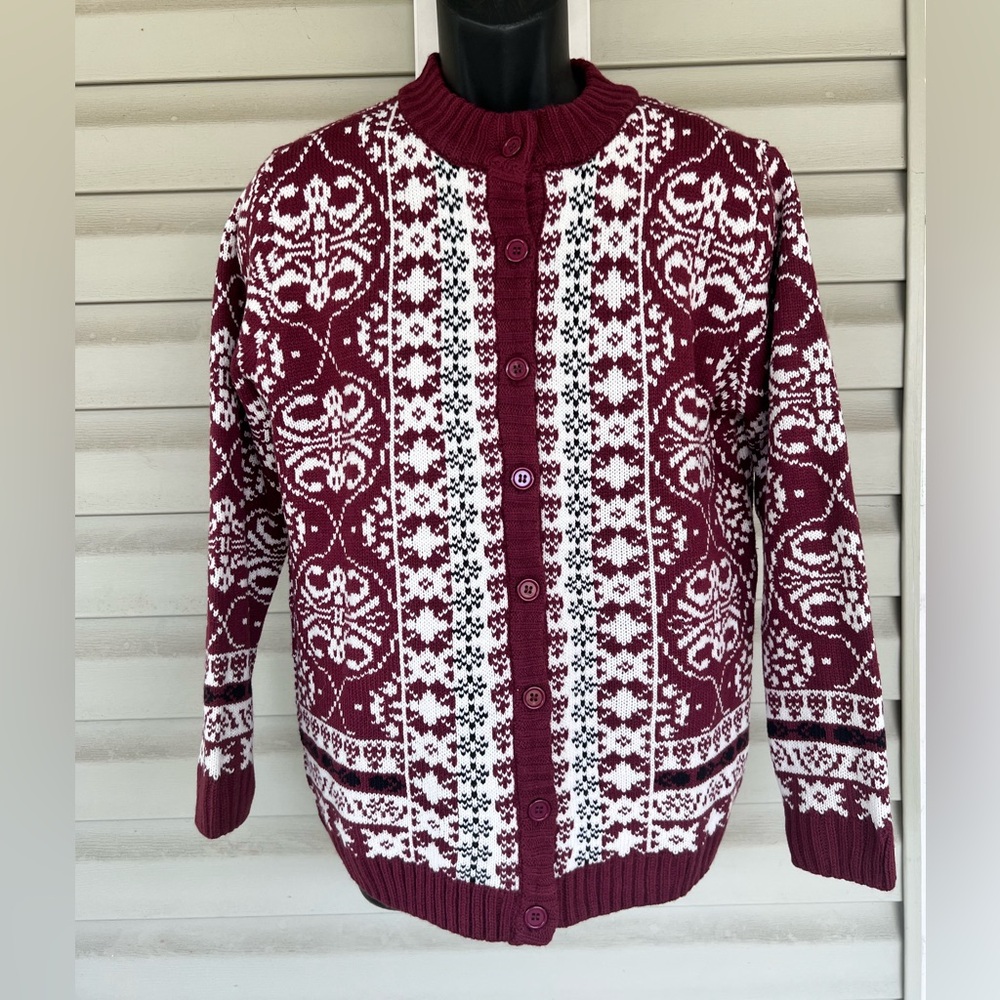 National Sweater Sz Large Burgundy and White Fair Isle Cardigan Acrylic NWOT